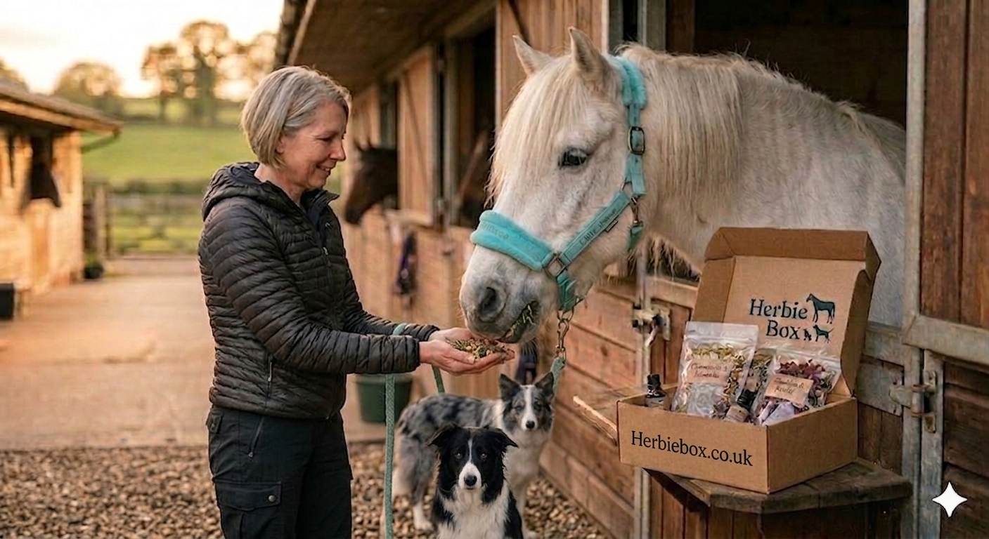 The Herbie Box subscription showing dried herbs, essential oils, and herbal teas for horse and owner